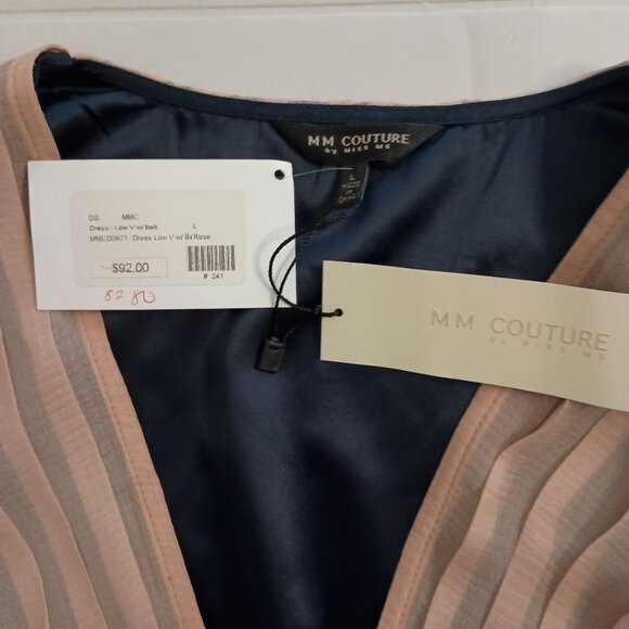 MM Couture Feminine Women’s Tan & Black Silk V-Neck Belted Dress Size L NWT - Picture 9 of 15